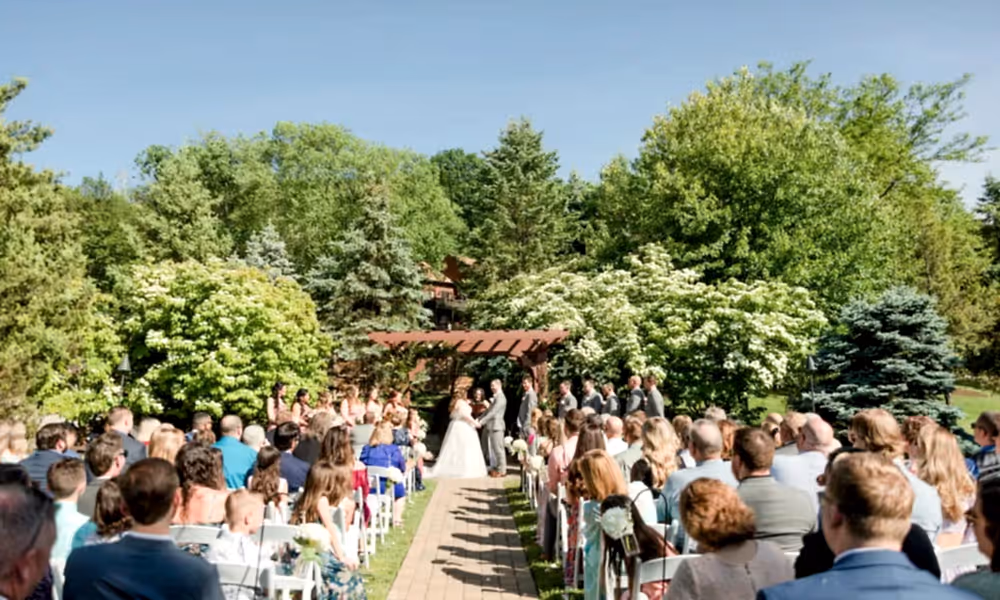 Wedding ceremony happening at Minerals Wedding Garden at Minerals Hotel.